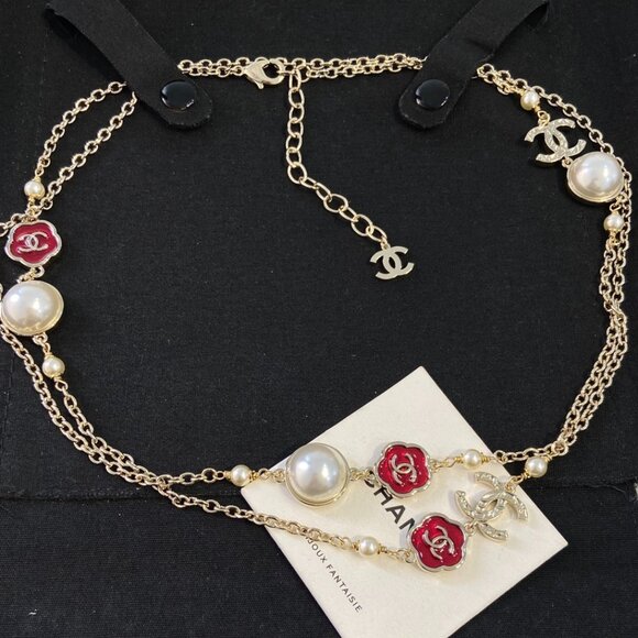 Auth Chanel Red Camellia & Pearl Double Strand Necklace - Picture 1 of 5